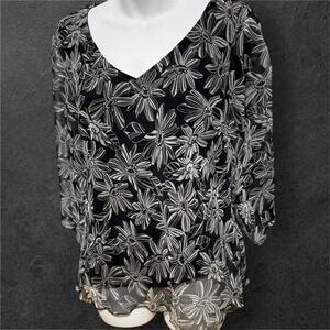 Black and white Y2K style floral edgy whimsical blouse with V neckline